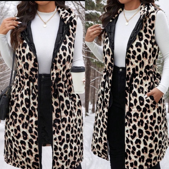 Plus Leopard Print Lined Drawstring Waist Hoodie Vest - Picture 3 of 4